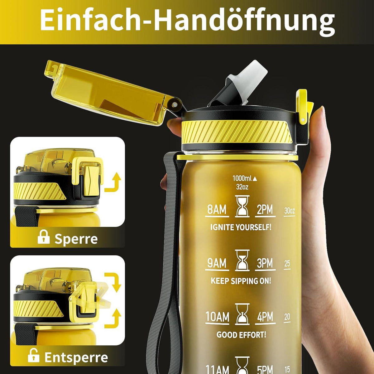 Trinkflasche 1L BPA-frei mit Strohhalm und Zeitmarkierung