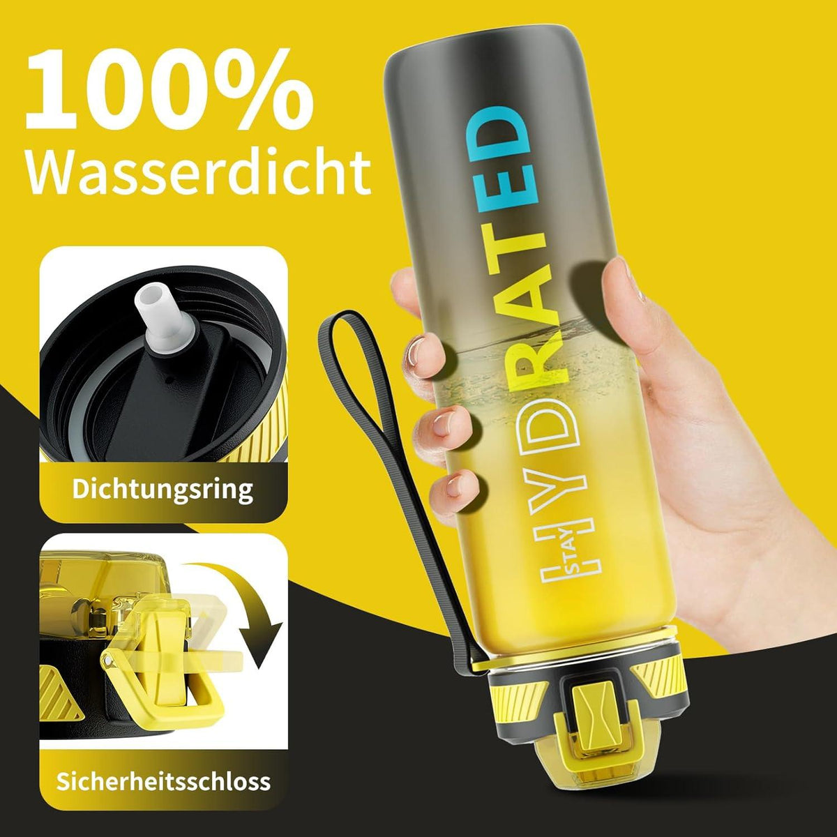 Trinkflasche 1L BPA-frei Tritan mit Strohhalm, Zeitmarkierung Gold Grau