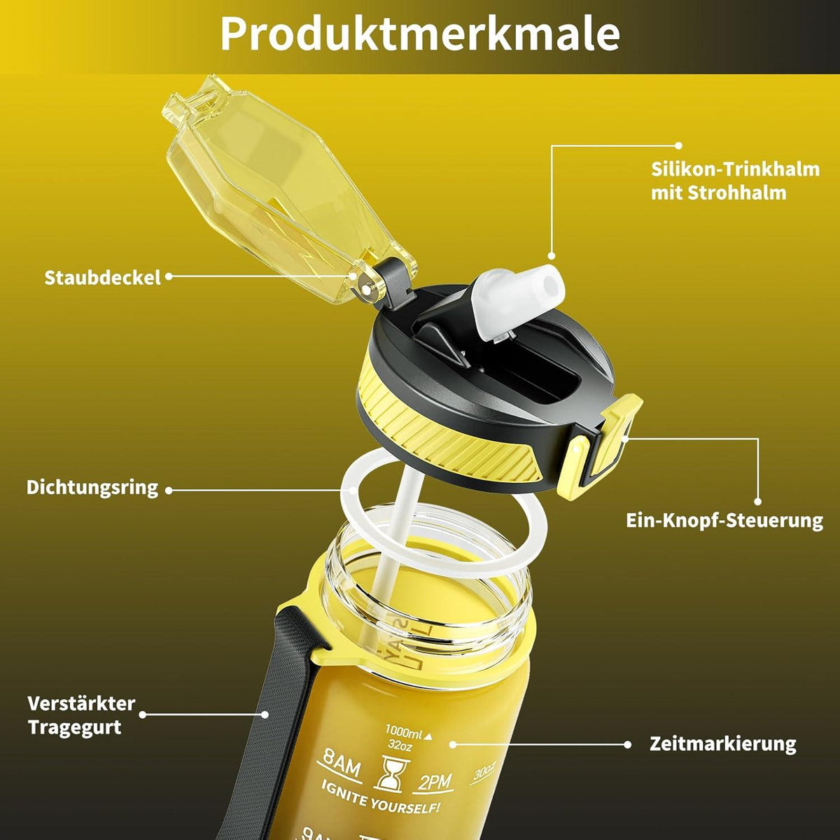 Trinkflasche 1L BPA-Frei mit Strohhalm Zeitmarkierung Sport Grau