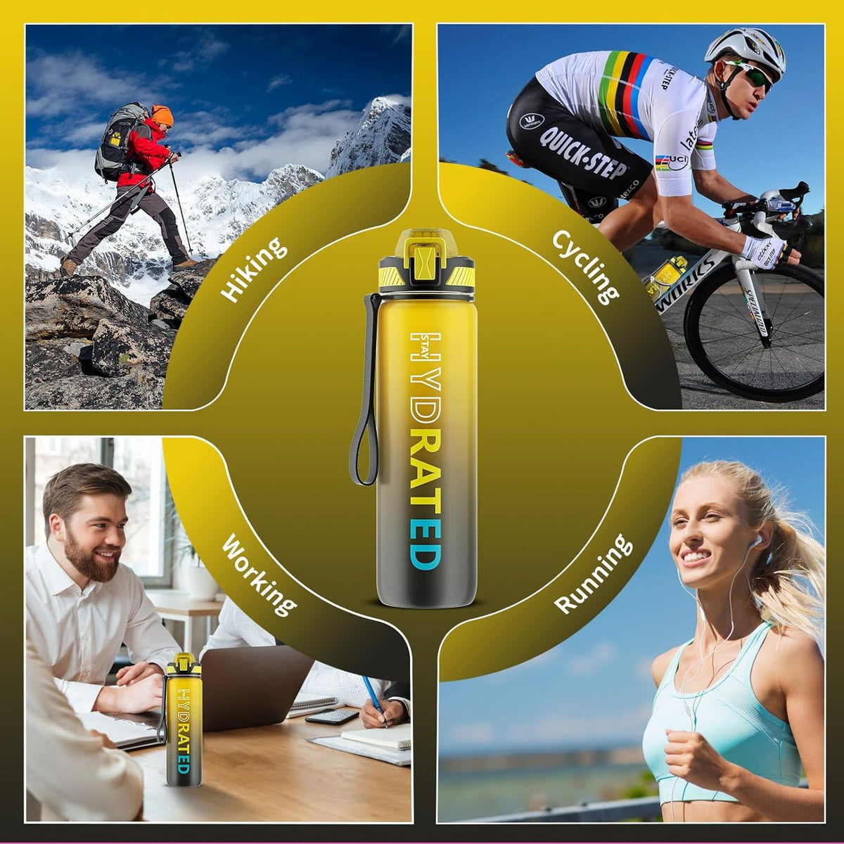 Trinkflasche 1L BPA-Frei mit Strohhalm Zeitmarkierung Sport Grau
