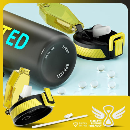 Trinkflasche 1L BPA-frei Tritan mit Strohhalm, Zeitmarkierung Gold Grau