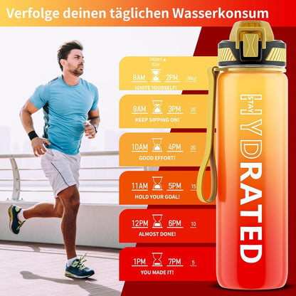 QLUR Trinkflasche 1L BPA-frei mit Strohhalm Gelb Rot