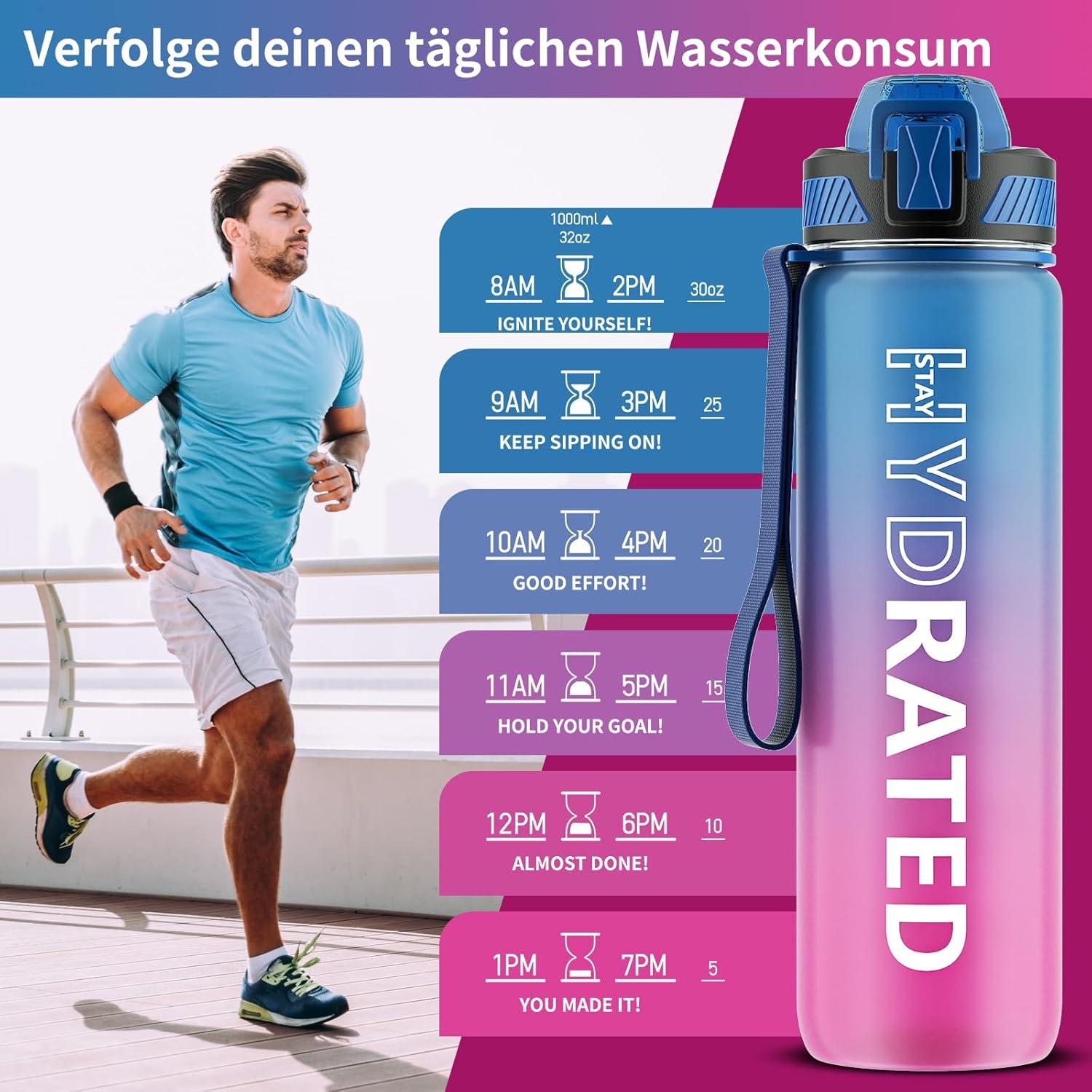 QLUR Trinkflasche 1L BPA-frei mit Strohhalm, Auslaufsicher