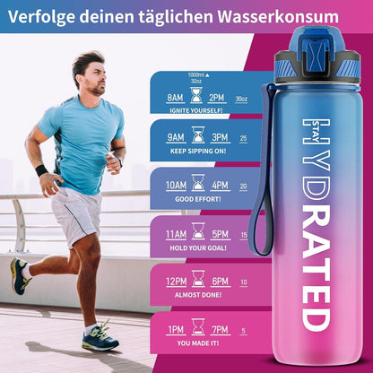 QLUR Trinkflasche 1L BPA-frei mit Strohhalm, Auslaufsicher