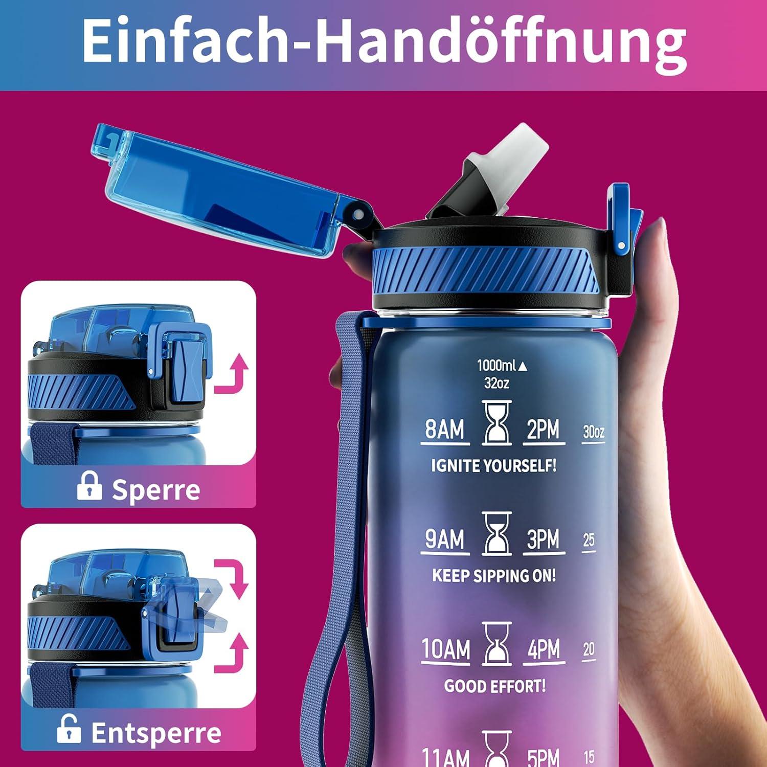 Trinkflasche Sport Auslaufsicher mit Zeitmarkierung 1L BPA-frei