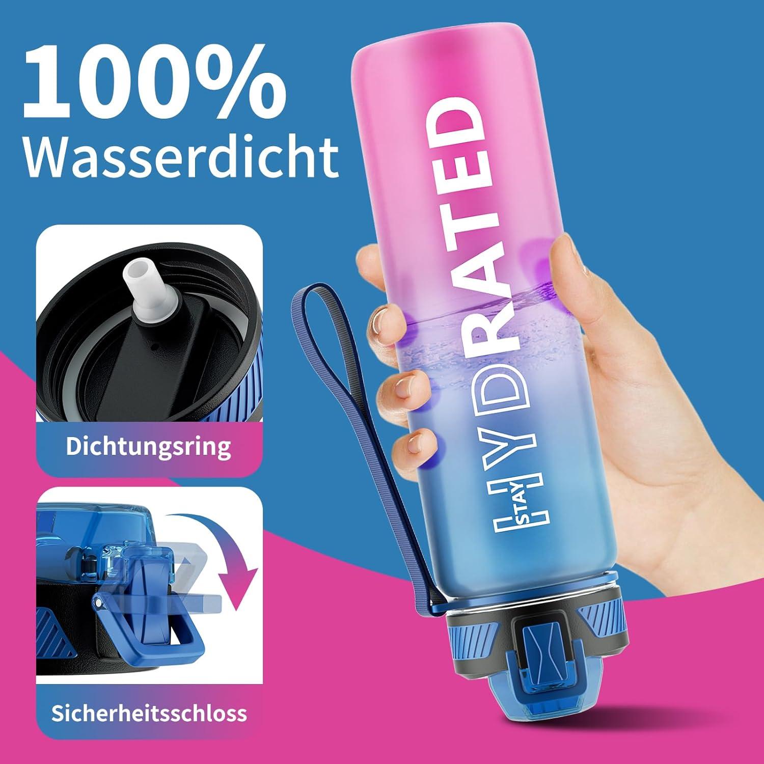 QLUR Trinkflasche 1L mit Strohhalm Sport Wasserflasche BPA-Frei Zeitmarkierung Blau Violett
