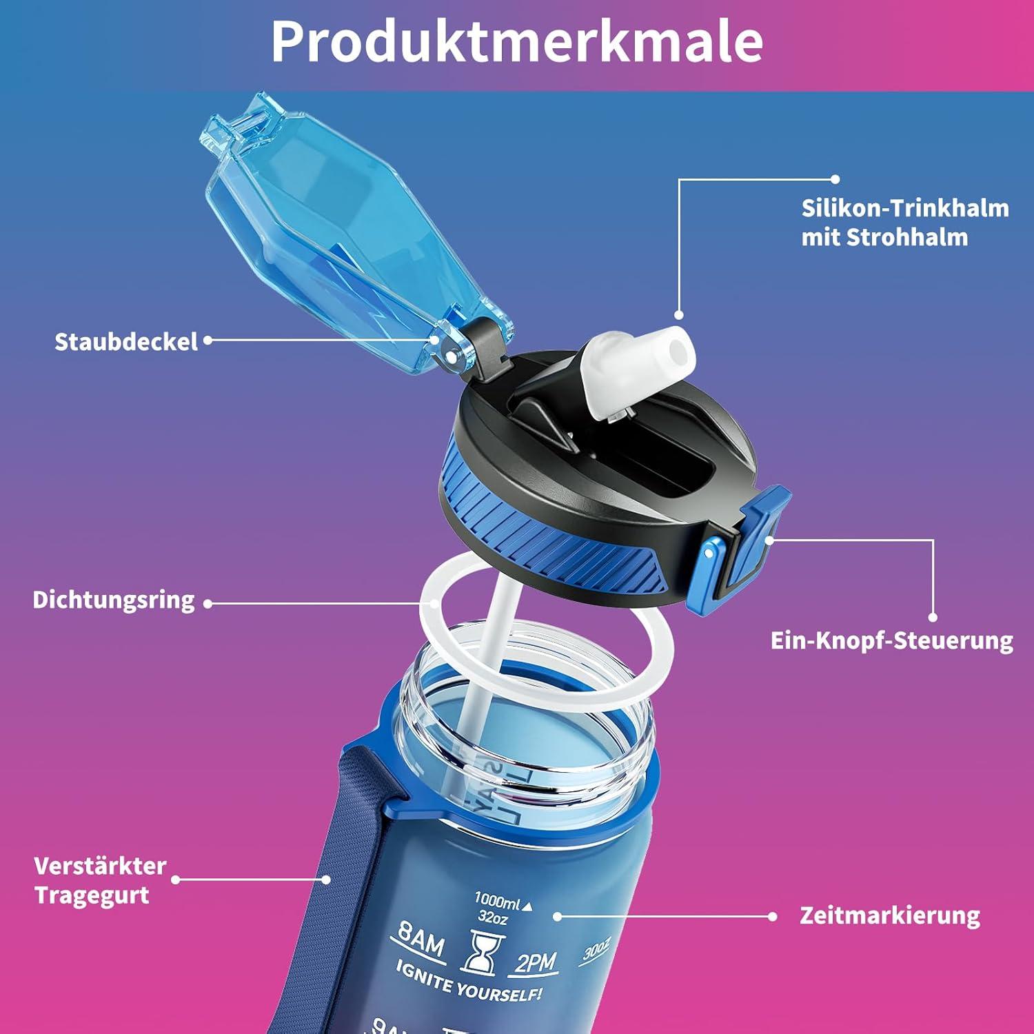 QLUR Trinkflasche 1L BPA-frei, Strohhalm, Sport, Auslaufsicher, Zeitmarkierung