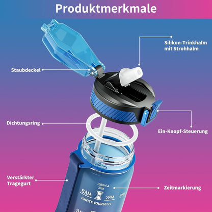 QLUR Trinkflasche 1L BPA-frei, Strohhalm, Sport, Auslaufsicher, Zeitmarkierung