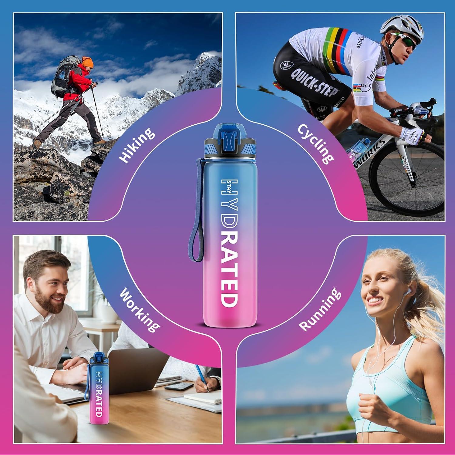 QLUR Trinkflasche 1L BPA-frei, Strohhalm, Sport, Auslaufsicher, Zeitmarkierung