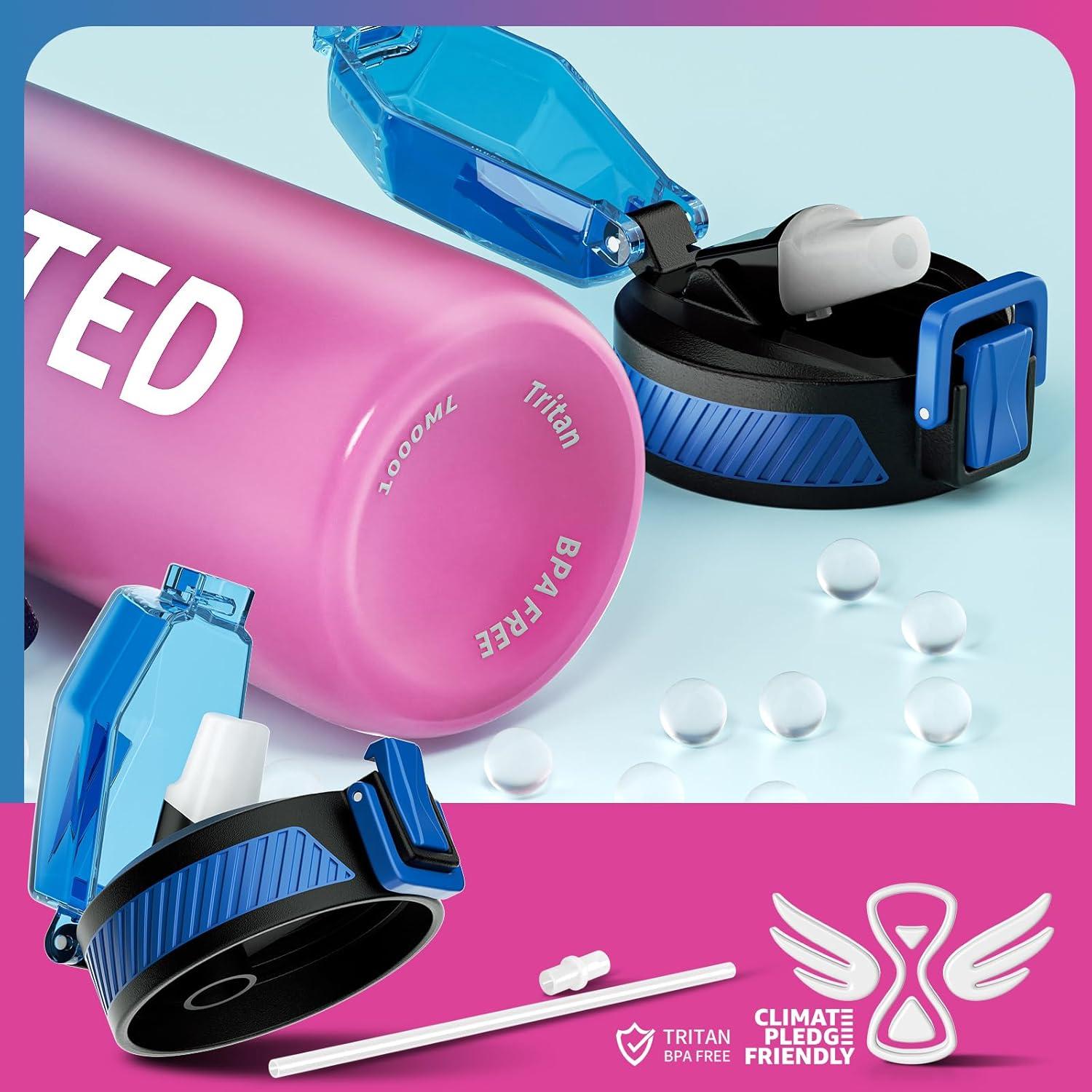 QLUR Trinkflasche 1L mit Strohhalm Sport Wasserflasche BPA-Frei Zeitmarkierung Blau Violett