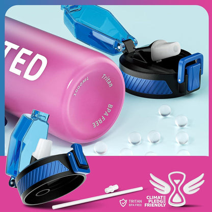 QLUR Trinkflasche 1L mit Strohhalm Sport Wasserflasche BPA-Frei Zeitmarkierung Blau Violett
