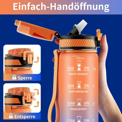 Trinkflasche 1L BPA-frei mit Strohhalm und Zeitmarkierung