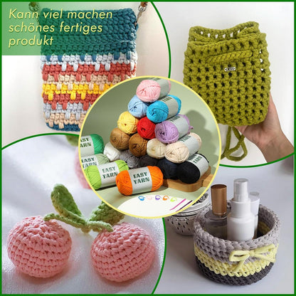 12 Stück Häkelgarn Set für Anfänger - Mehrfarbig Baumwollgarn & Zubehör