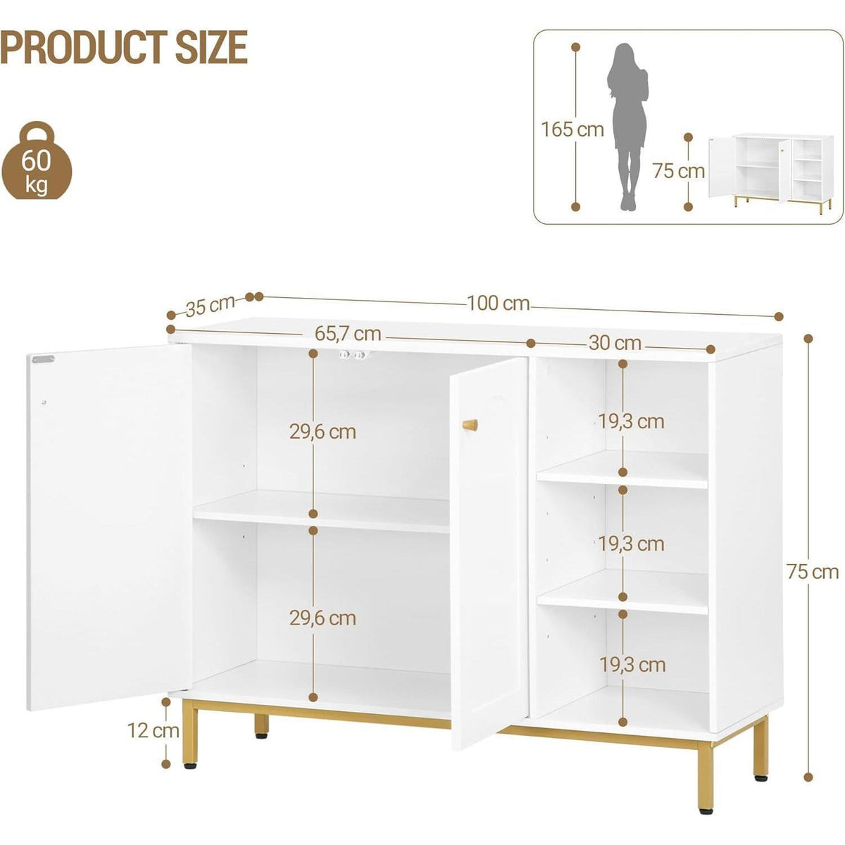 Weiß-Gold Badezimmerschrank mit 2 Türen & verstellbarem Regal