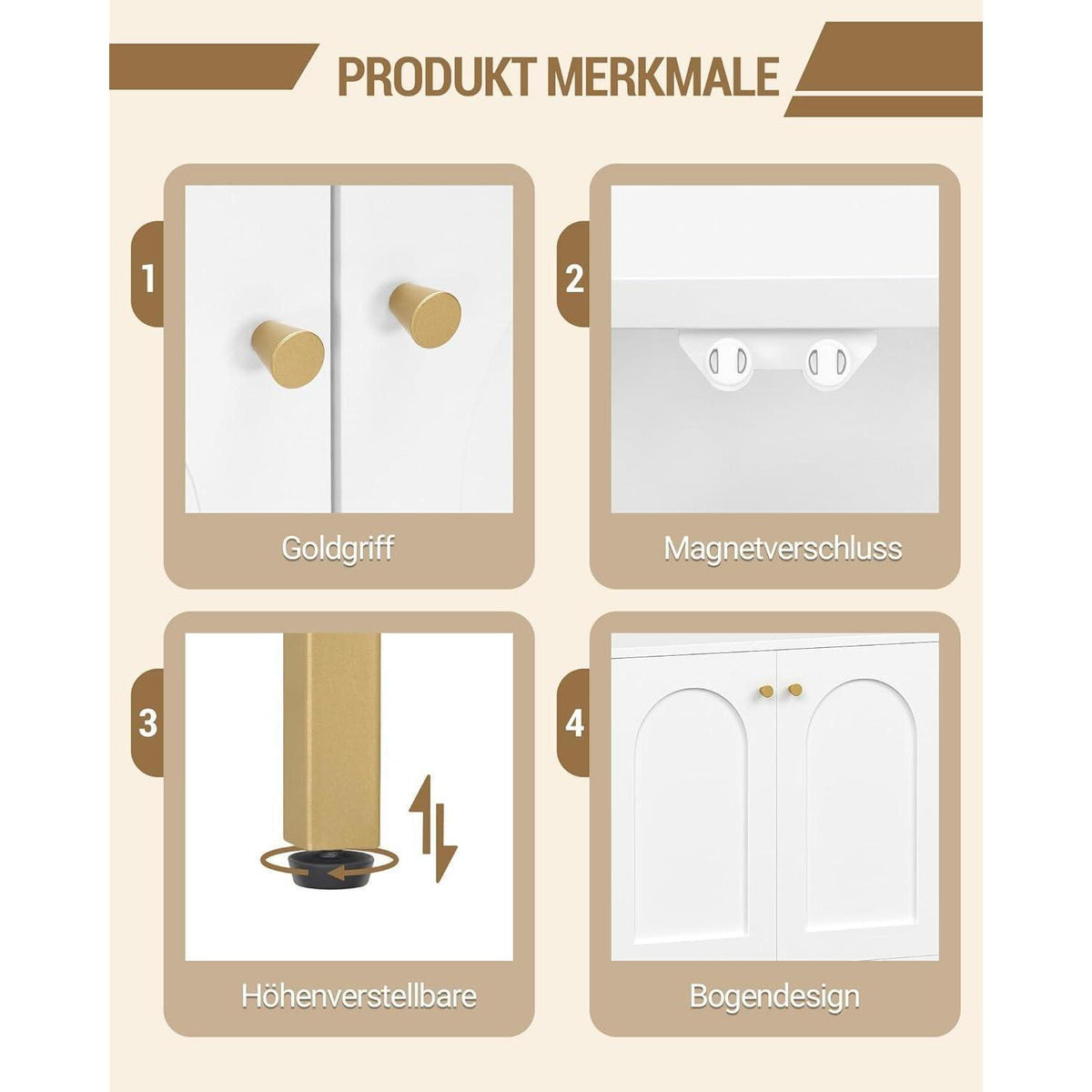 Weiß-Gold Badezimmerschrank mit 2 Türen & verstellbarem Regal
