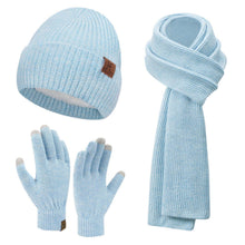 Damen Winter Mützen Schal Handschuhe Set Touchscreen Thermo Fleece Blau Weiß