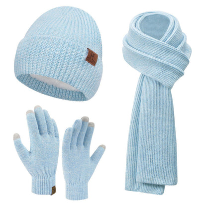 Damen Winter Mützen Schal Handschuhe Set Touchscreen Thermo Fleece Blau Weiß