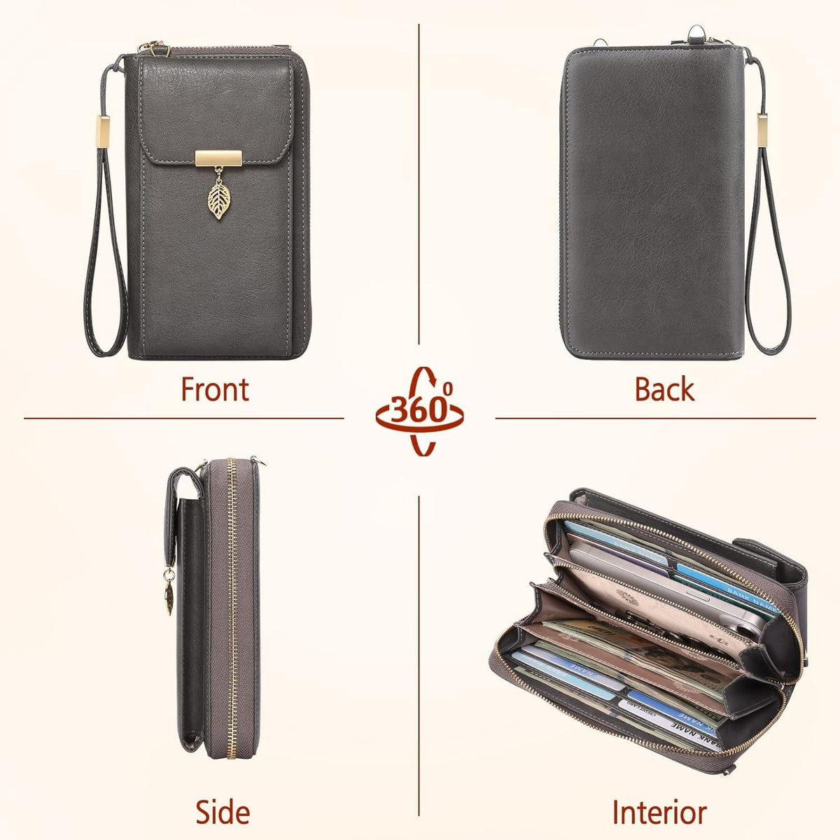 Handytasche Umhänge Leder RFID Schutz Damen 7,2 Zoll Vintage Grau