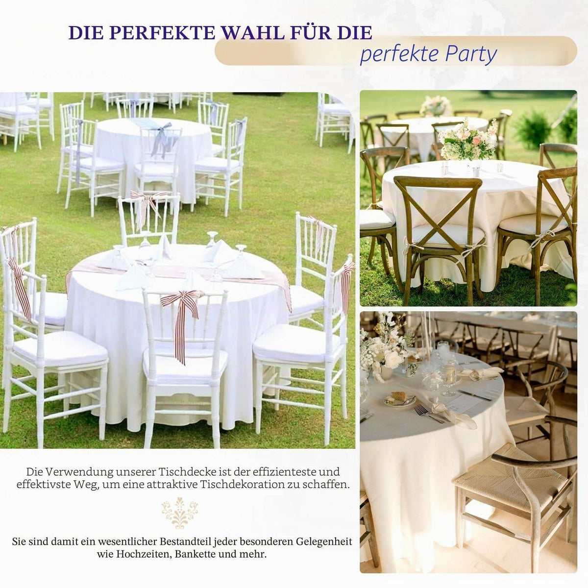 Runde Tischdecke 6er Set, 305cm, Weiß – Wasserfest & Waschbar
