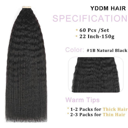 Echthaar Tape Extensions Schwarz Kinky Straight 22 Zoll