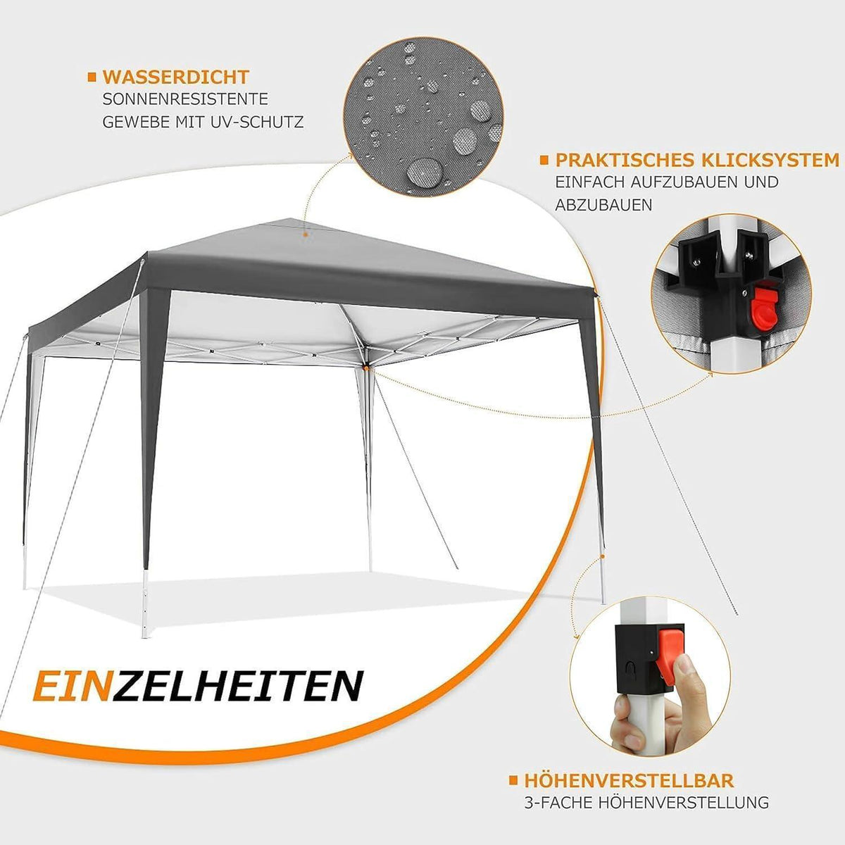 3x3m Pavillon mit 4 Seitenwänden – Grau, Robust & Einfach Aufbau