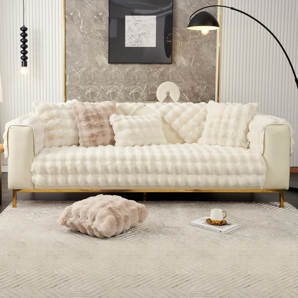 Weicher Sofaüberzug Kunstpelz Rutschfest Beige Weiß 90x240cm