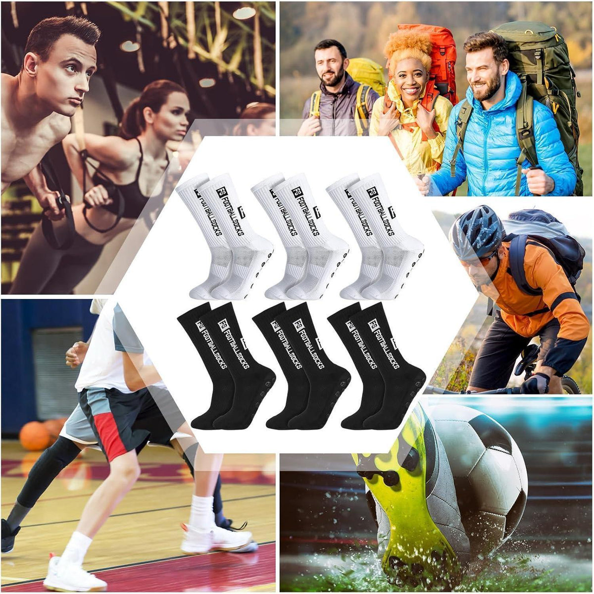 Fußballsocken Herren Damen 6 Paar Anti-Rutsch Gr. 39-46 Weiß/Schwarz