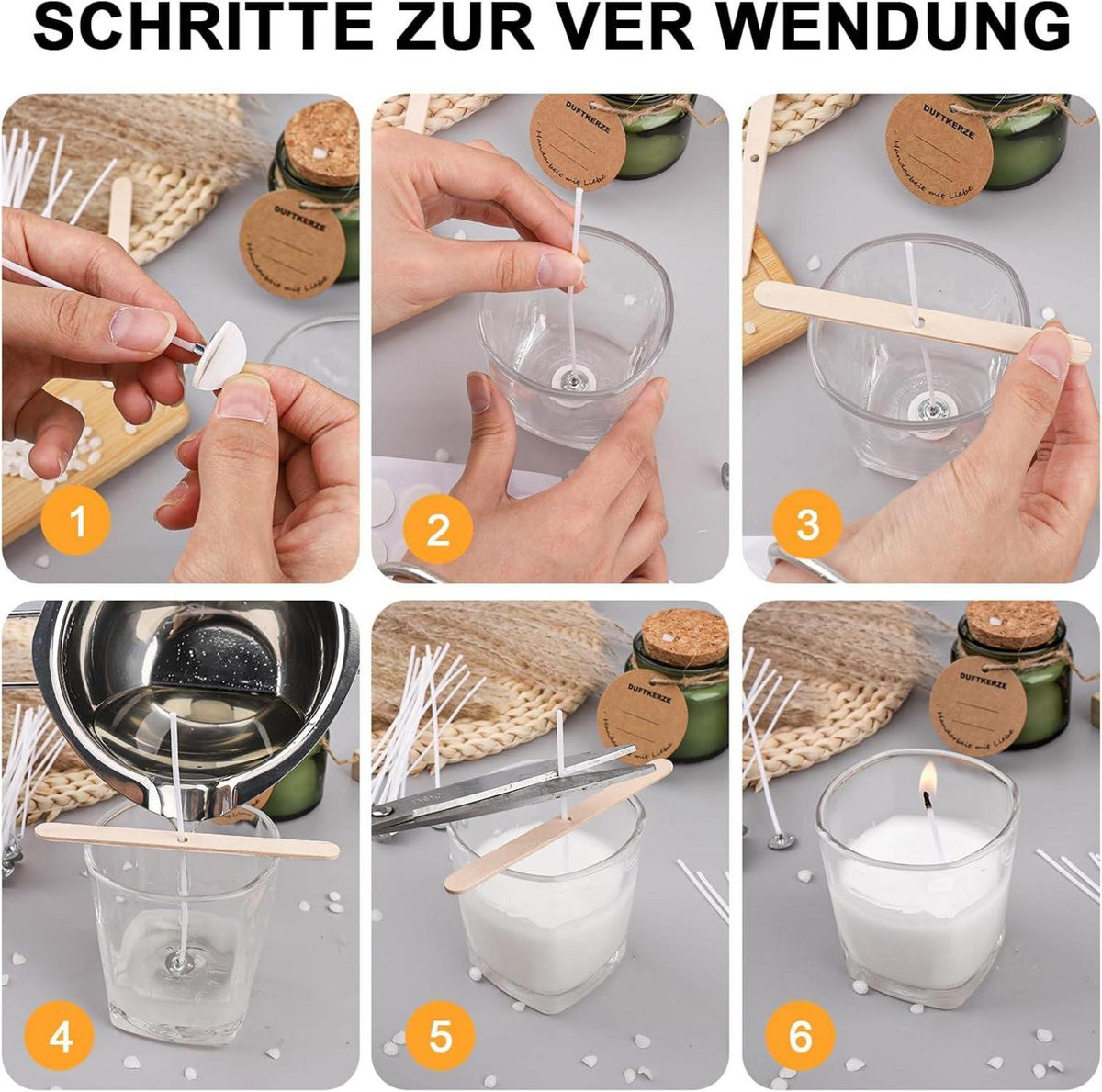 Kerzendocht Set 60 Stück 20cm Kerzendocht mit Aufkleber & Anhänger