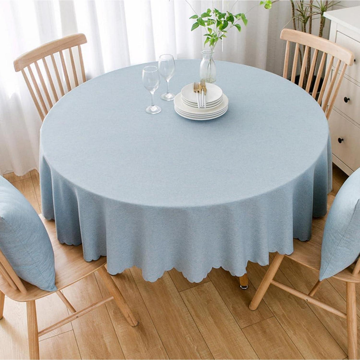 Runde Baumwoll-Leinen Tischdecke wasserabweisend 260 cm Hellblau