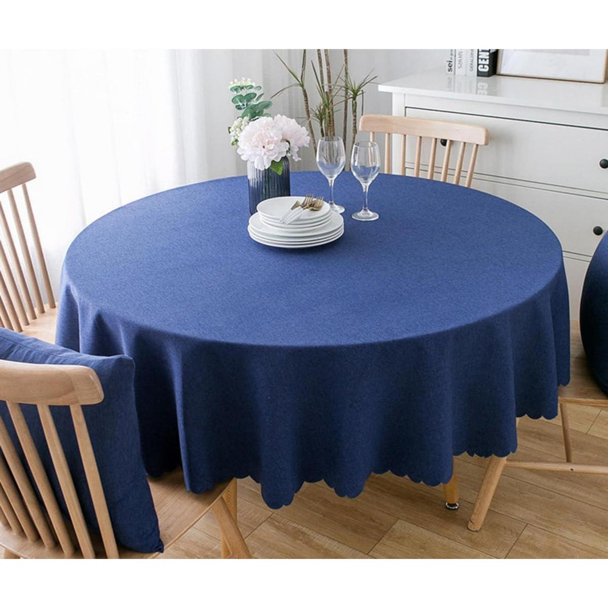 Runde Baumwoll-Leinen Tischdecke wasserabweisend 280 cm Dunkelblau