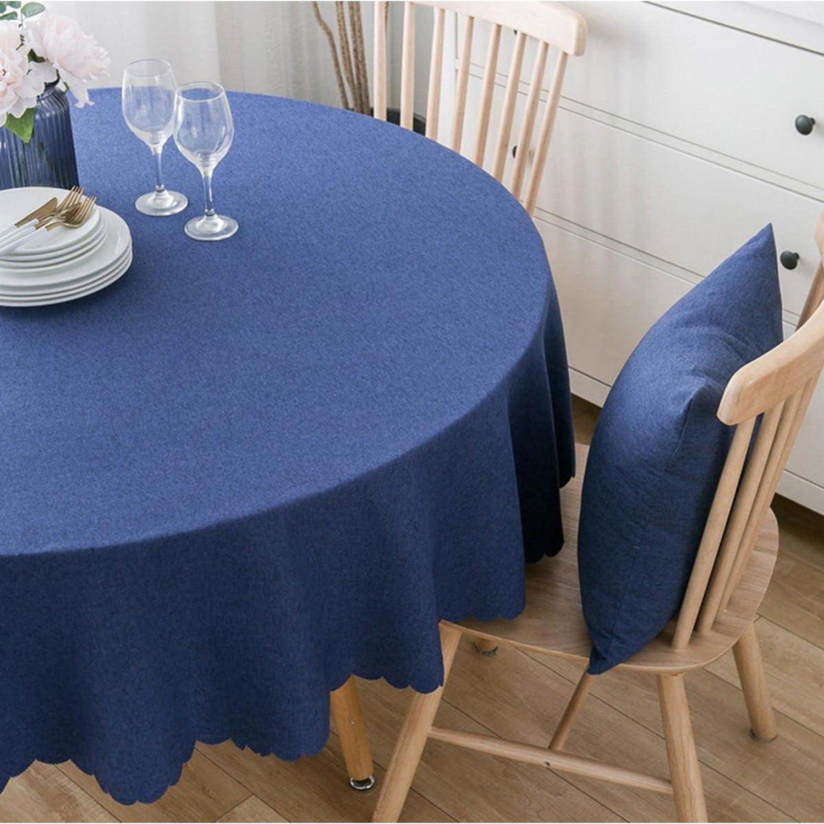 Runde Baumwoll-Leinen Tischdecke wasserabweisend 280 cm Dunkelblau