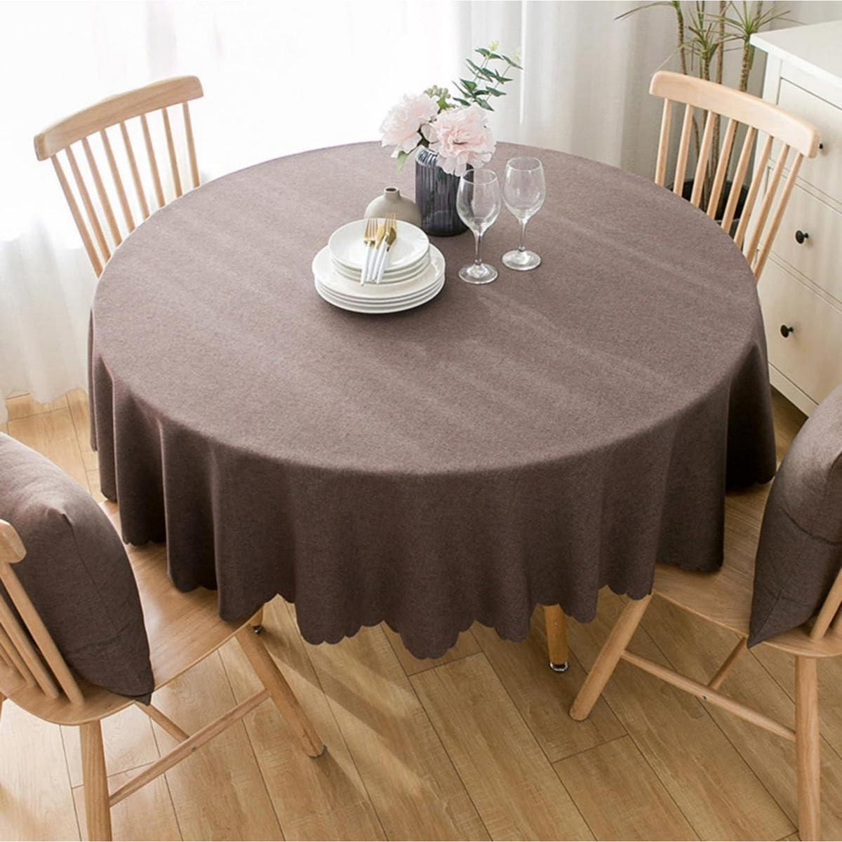 Runde Baumwoll-Leinen Tischdecke schmutzabweisend 240cm Dunkelbraun