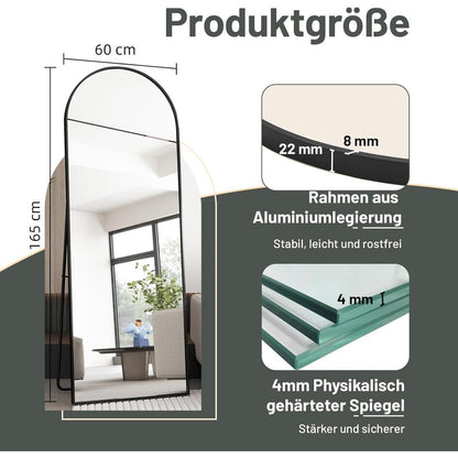 Ganzkörperspiegel Bogenförmig 165x60cm | Schwarz, Verstellbar & Wandmontage