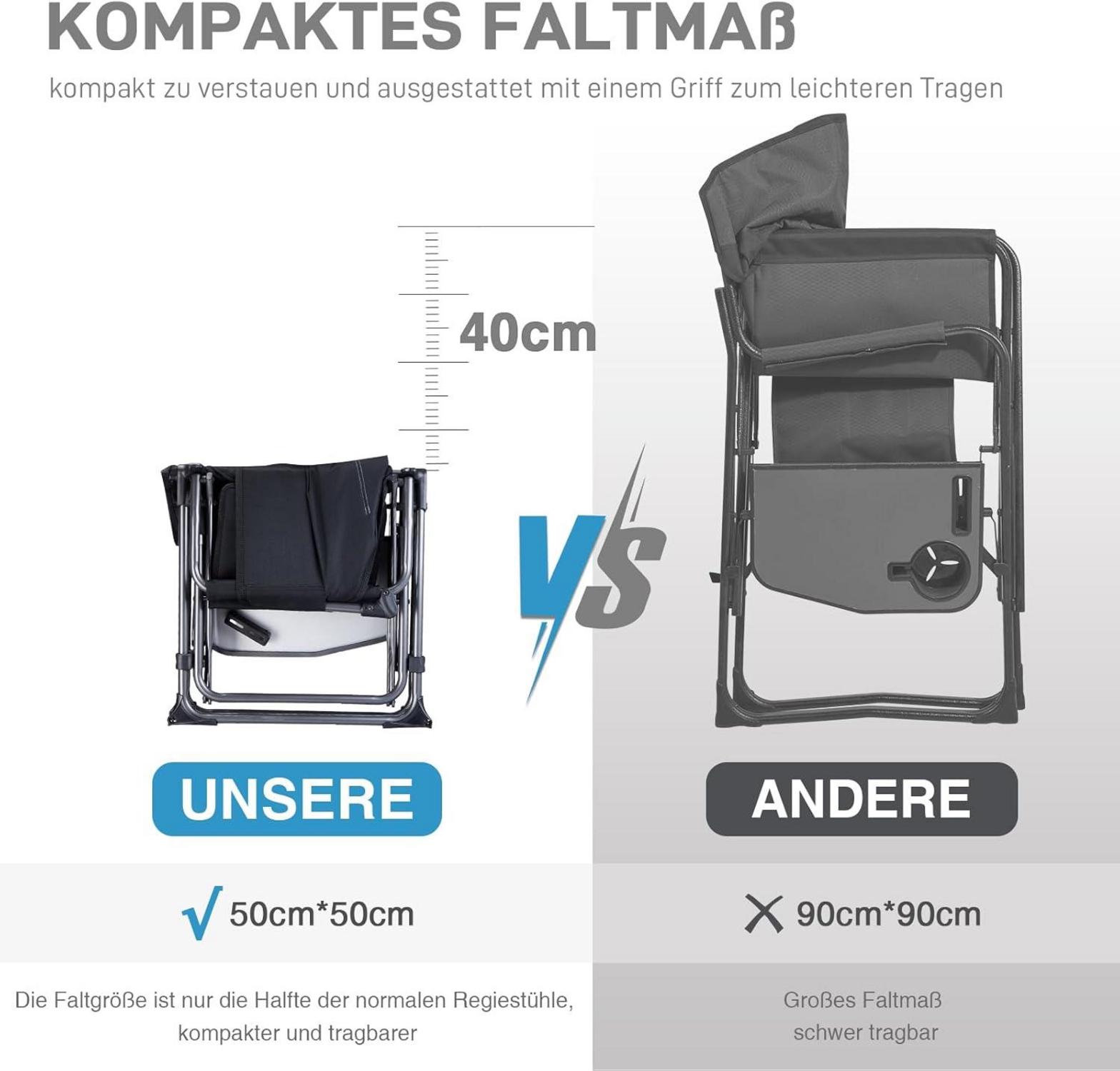 Campingstuhl Faltbar 180KG Belastbar Regiestuhl Klappbar mit Seitentisch Schwarz