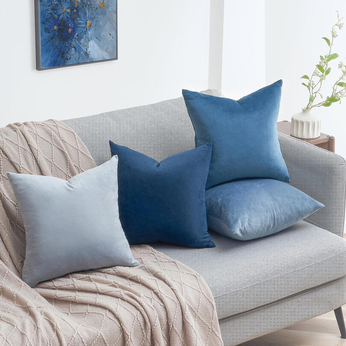 4er Set Blaue Samt Kissenbezüge 50x50cm Farbverlauf deco Sofa