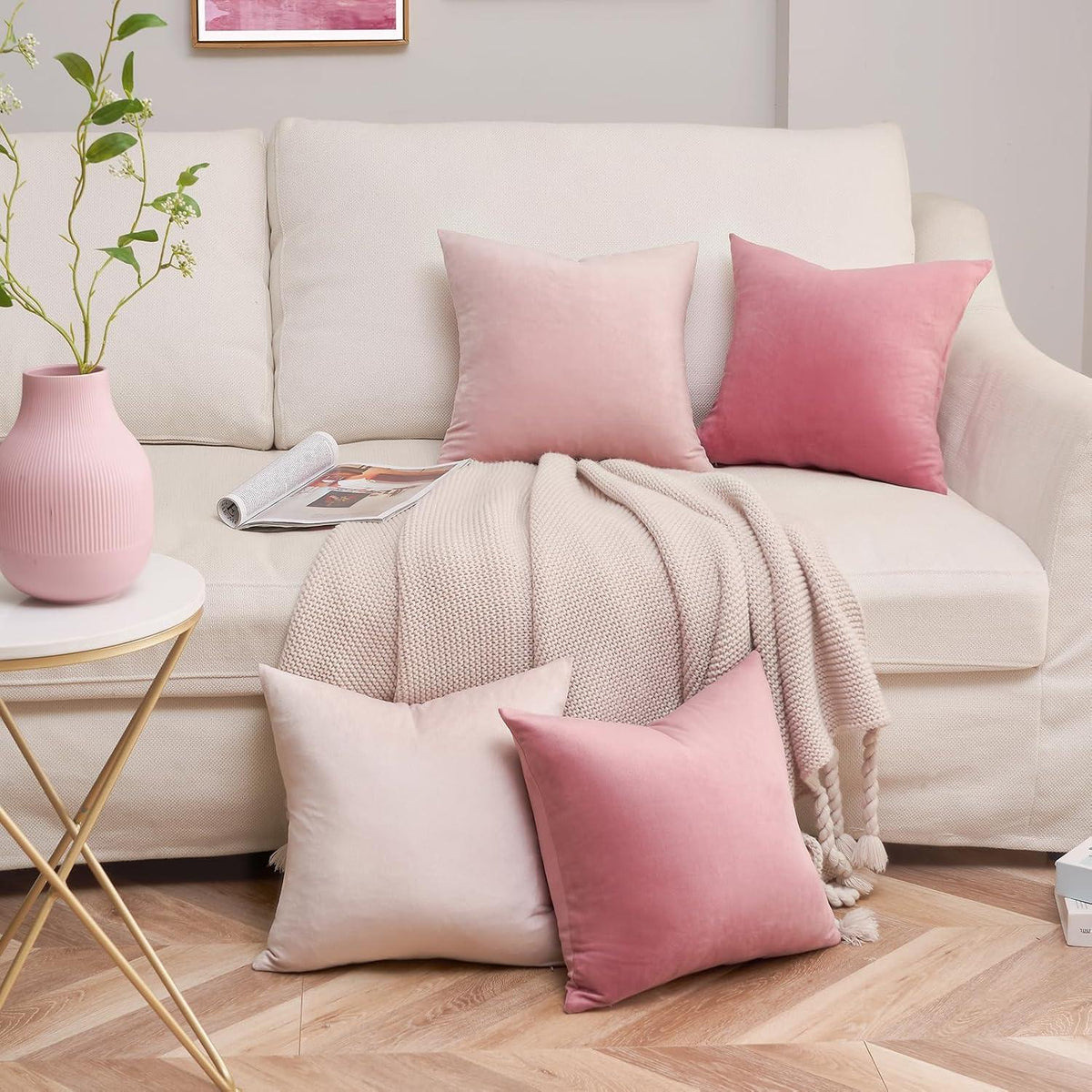 Kissenbezüge Set 4er 50x50 rosa Samt Sofakissen Wohnzimmer