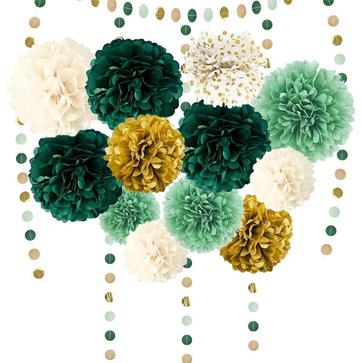 Seidenpapier Pompons Deko Set Grün Gold Weiß mit Girlande