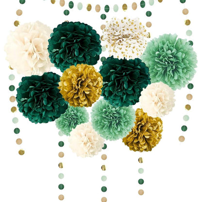 Seidenpapier Pompons Deko Set Grün Gold Weiß mit Girlande