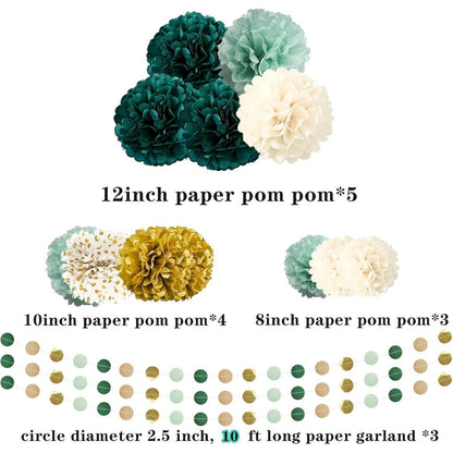 Seidenpapier Pompons Deko Set Grün Gold Weiß mit Girlande