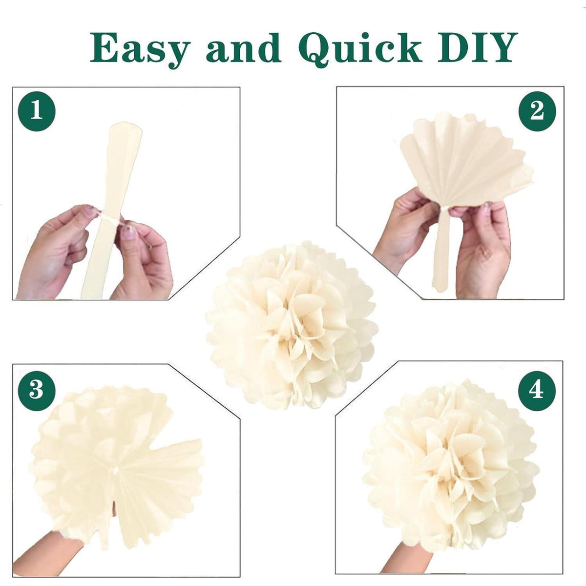 Seidenpapier Pompons Deko Set Grün Gold Weiß mit Girlande