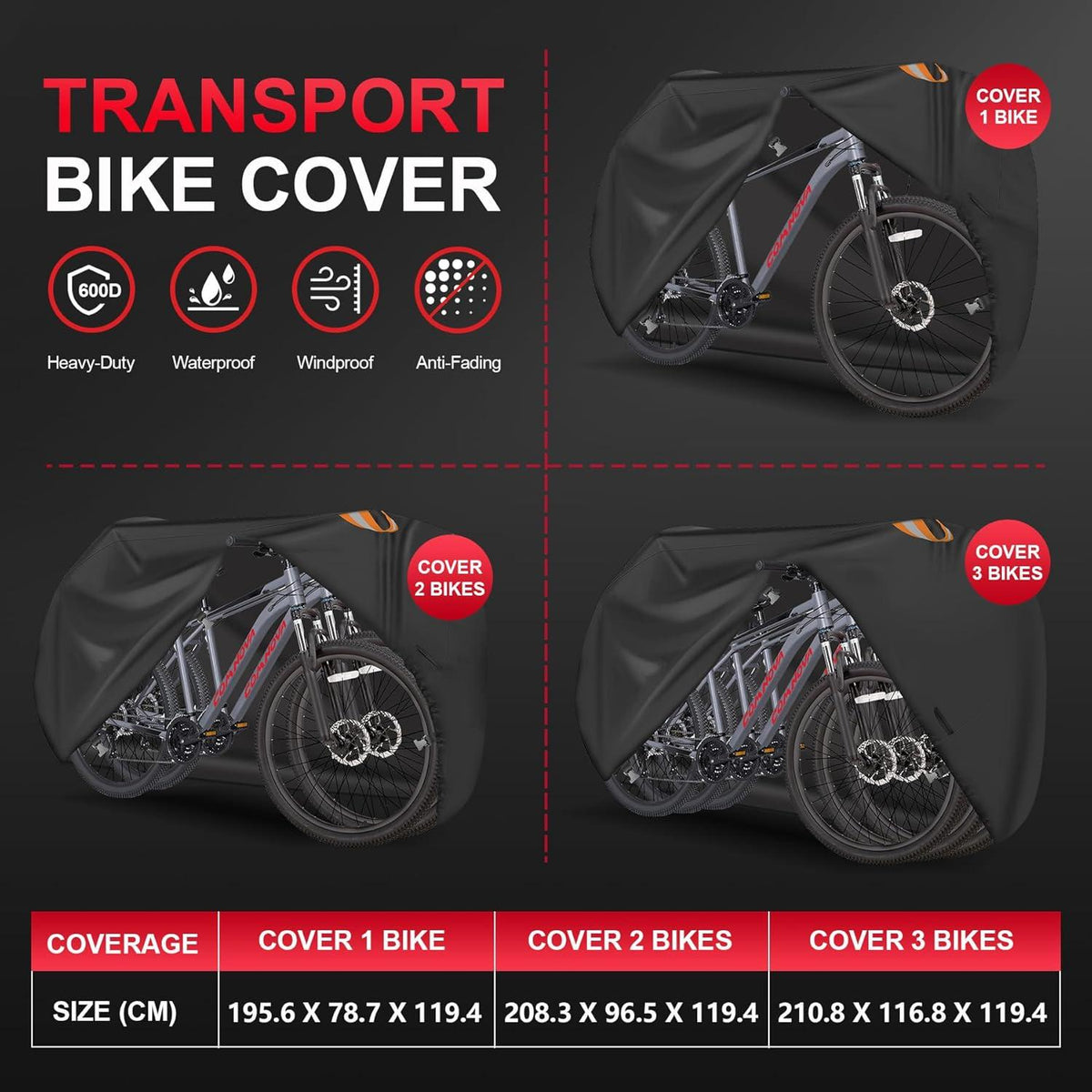 Fahrradabdeckung Transport 3 Fahrräder Wasserdicht Heavy Duty PU 600D