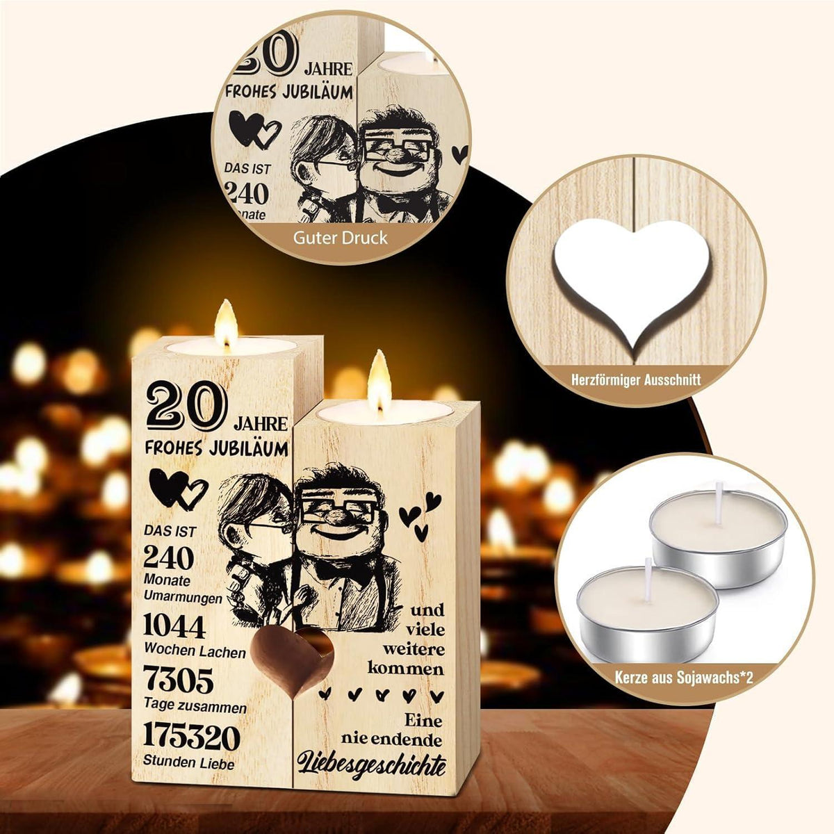 Holz Kerzenständer 20. Hochzeitstag Geschenk für Paare