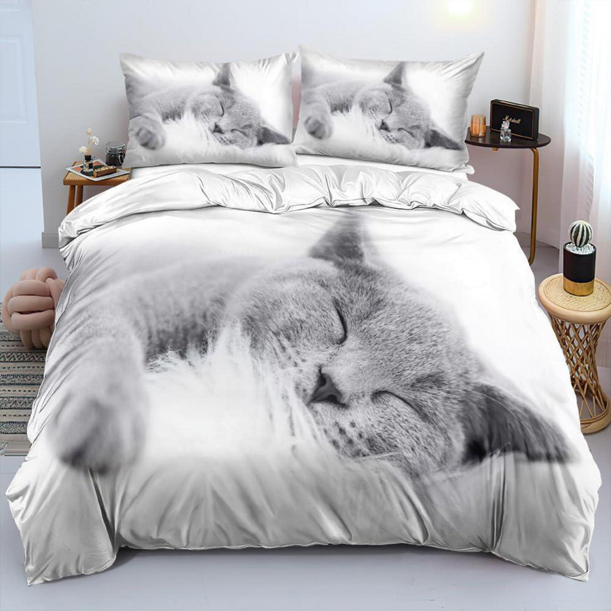 3D Katzen Bettwäsche Set 135x200 Weiß für Kinder