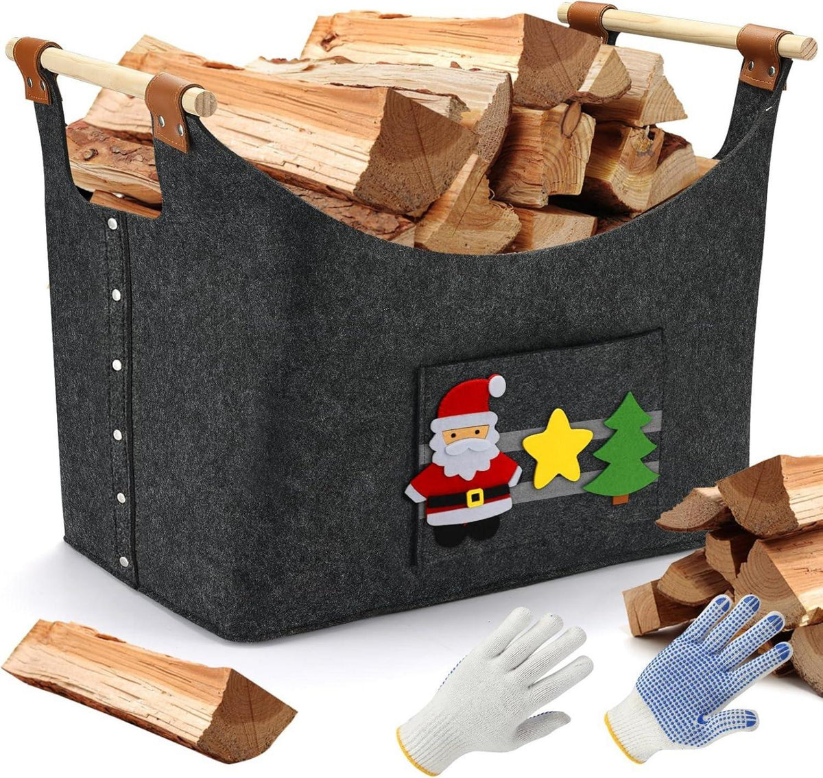 Faltbarer Brennholzkorb Filzgriff Lederverstärkt Holztasche Grau