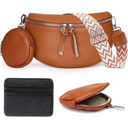 Echtes Leder Umhängetasche Damen mit Kartenhalter & Münzbeutel (A-braun)