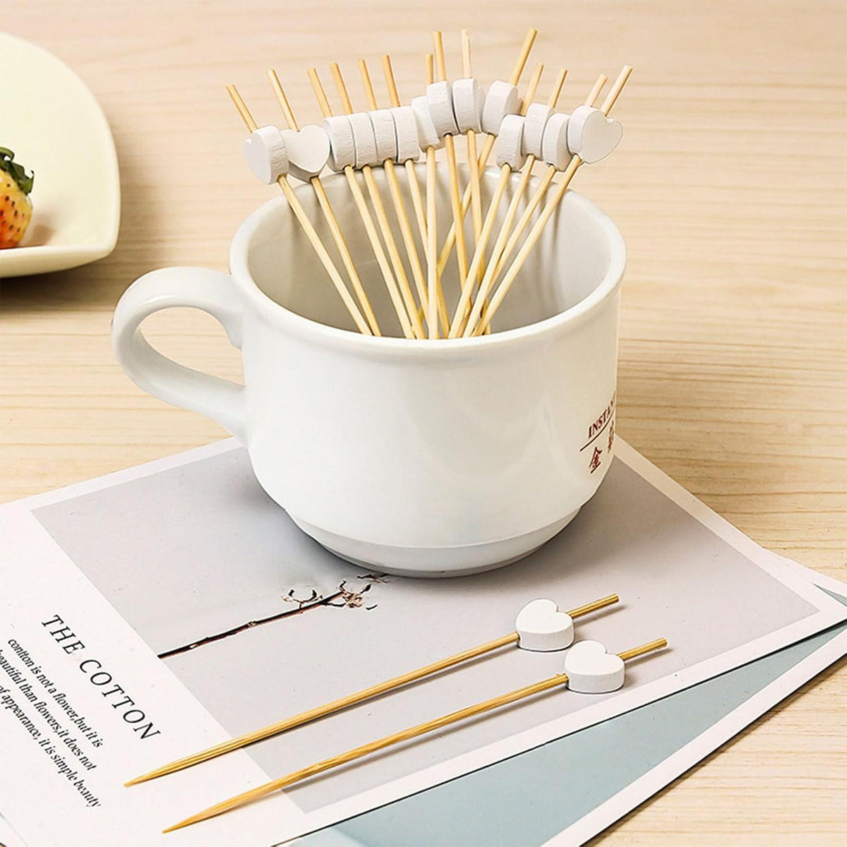 Catelves Cocktail Sticks 100 Stück Weiße Holzspieße 12cm - Herzen Fingerfood Obstspieße