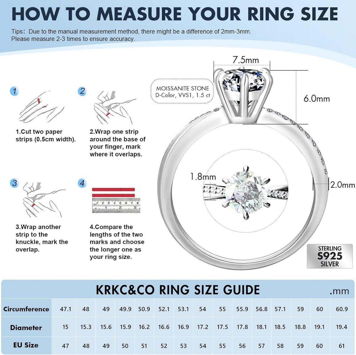 Moissanite Damen Verlobungsring 1,5 Karat D VVS1 925 Silber