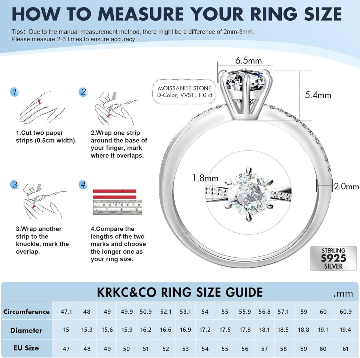 Moissanite Verlobungsring 1 Karat D Diamant 925 Silber 54