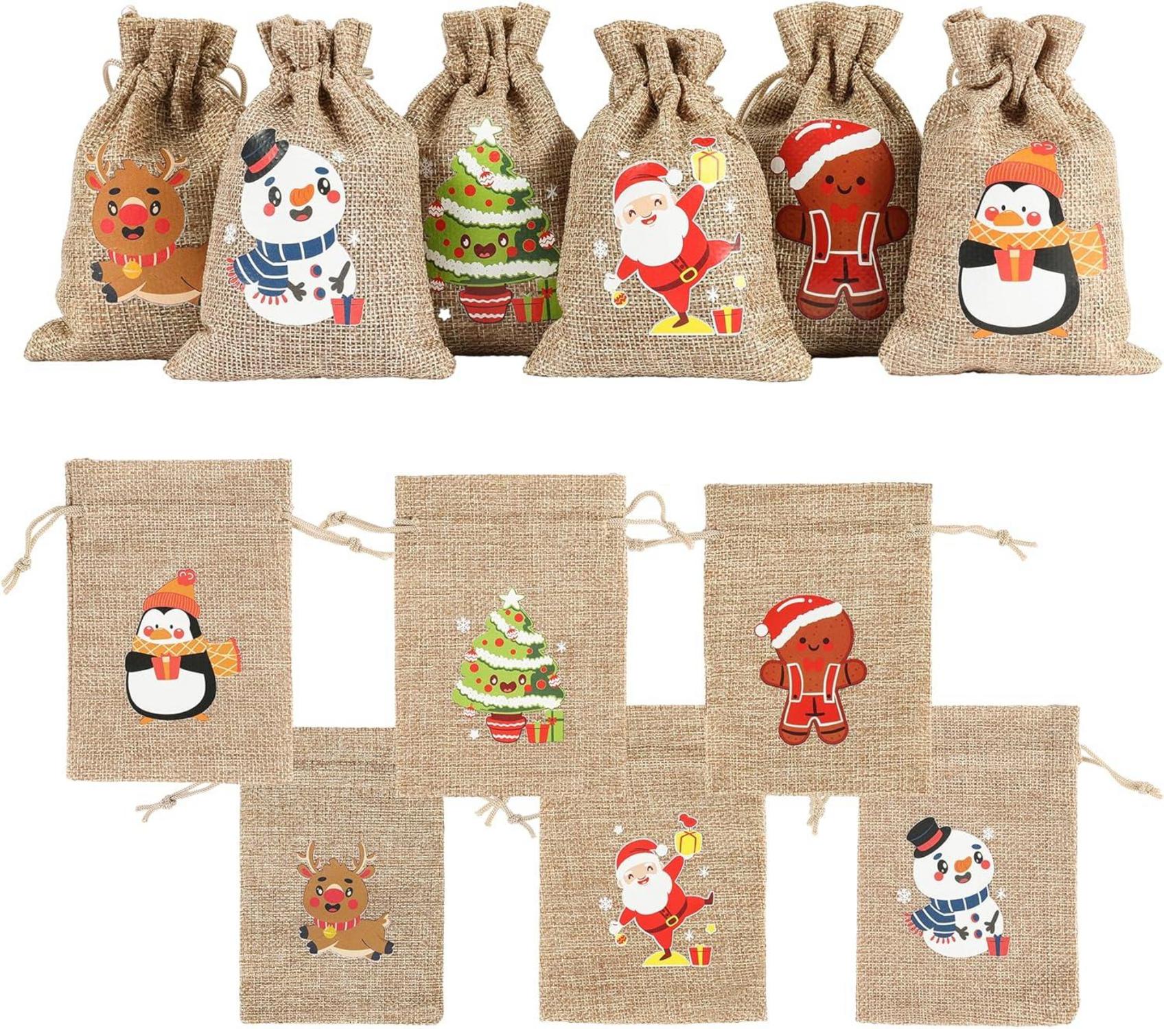 12 Weihnachts Jutesäcke mit Kordelzug für Party
