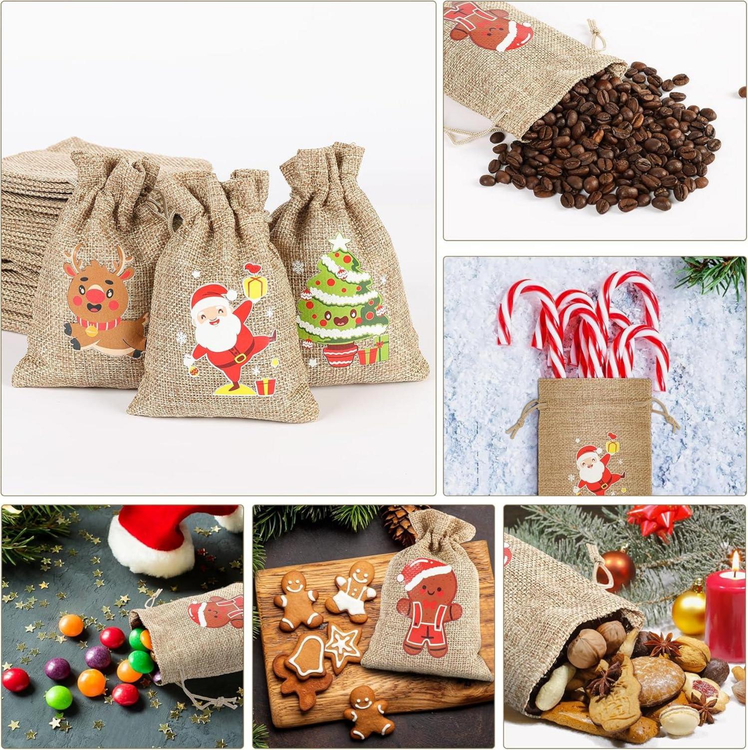 EDWINENE 24 Weihnachts Jutesäcke Kordelzug Geschenktüten 10x15cm